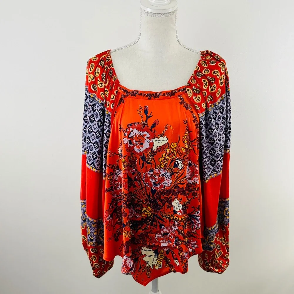 Free People Orange‎ Mixed Floral Paisley Boho Balloon Sleeve Peasant Blouse XS